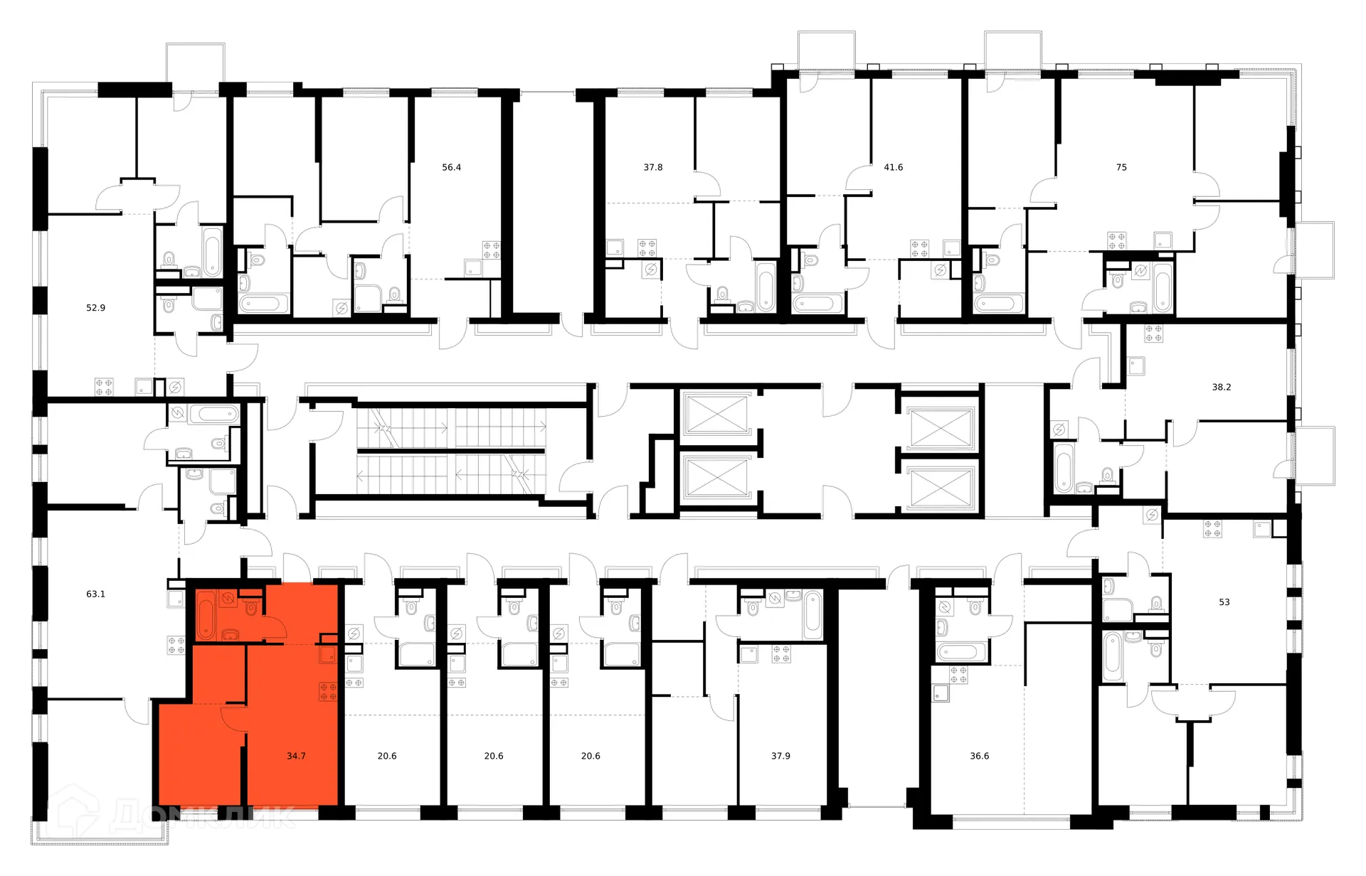 Планировка 1-комнатной квартиры 34.7 м² в ЖК Москворечье, г. Москва — фото 3