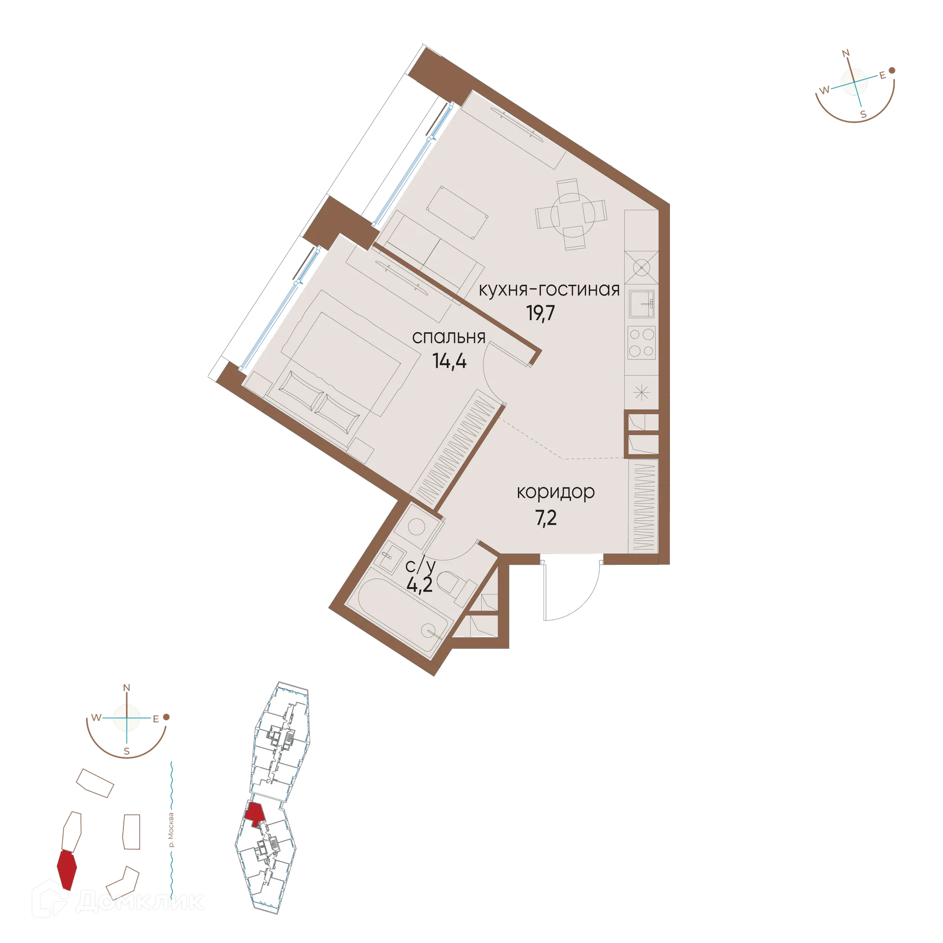 Планировка 1-комнатной квартиры 45.5 м² в ЖК "Остров", г. Москва — фото 1