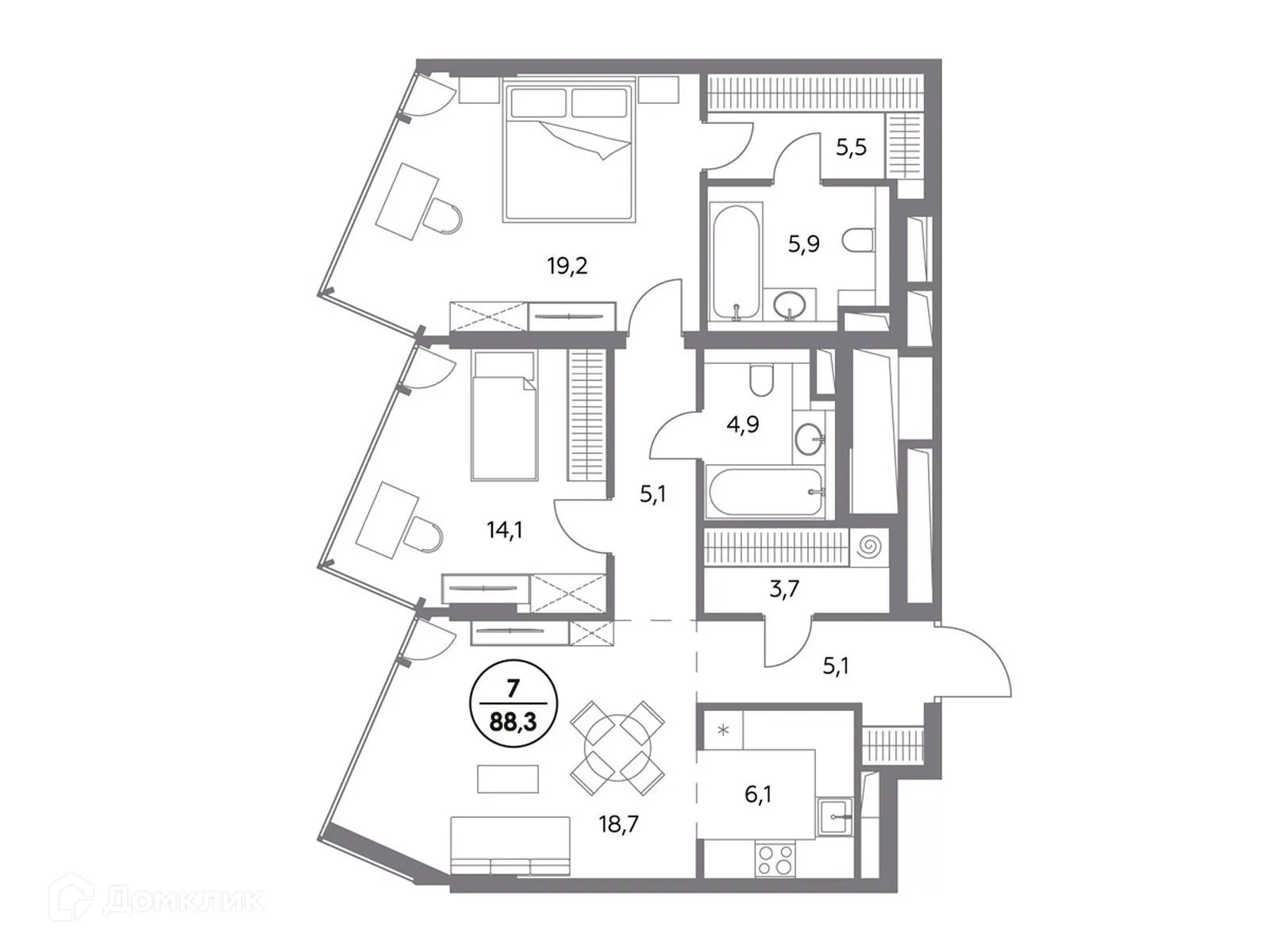 Планировка 2-комнатной квартиры 88 м² в ЖК МОНБЛАН, г. Москва — фото 3