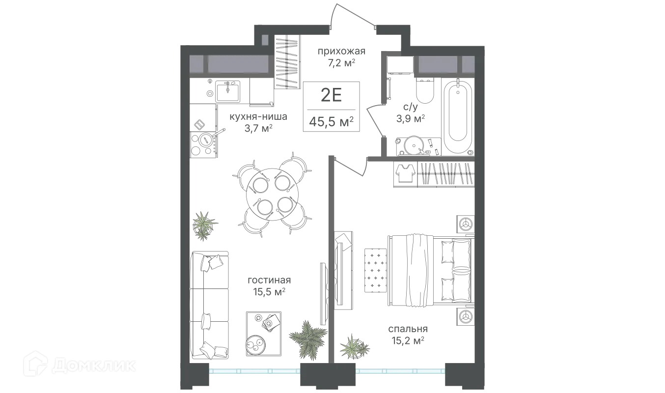Планировка 2-комнатной квартиры 45.5 м² в ЖК Михалковский, г. Москва — фото 1