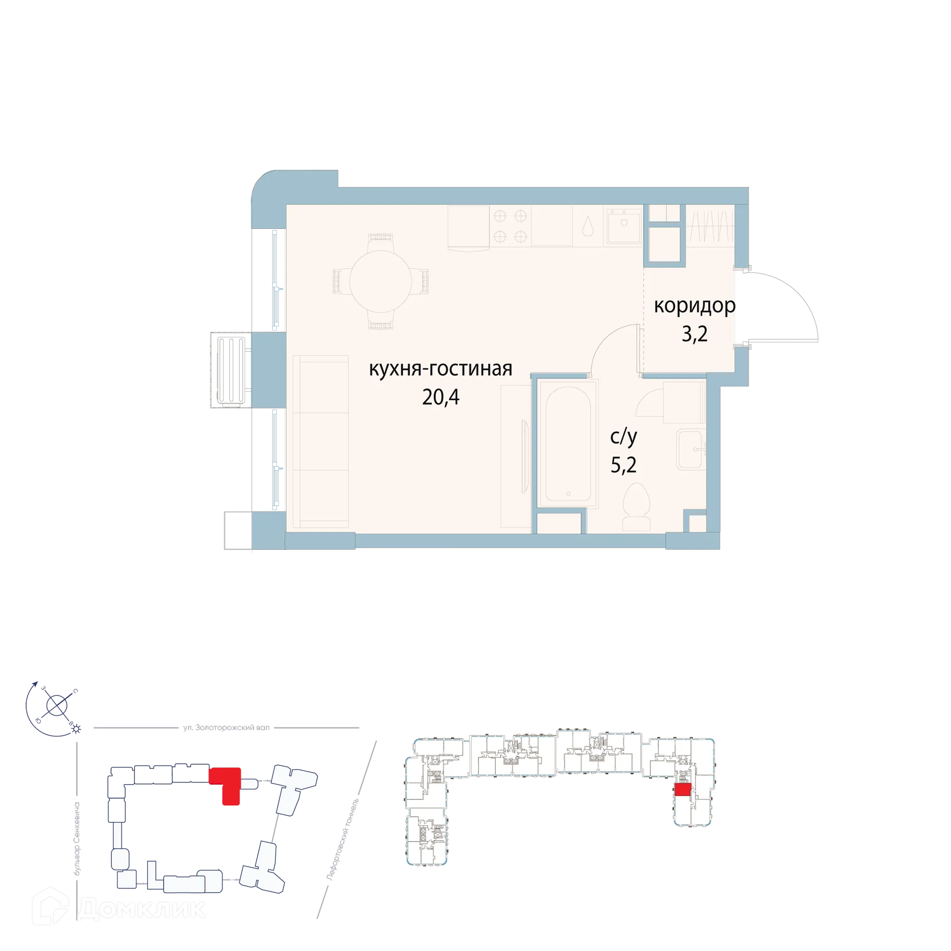 Планировка студии квартиры 28.8 м² в ЖК "Символ", г. Москва — фото 1
