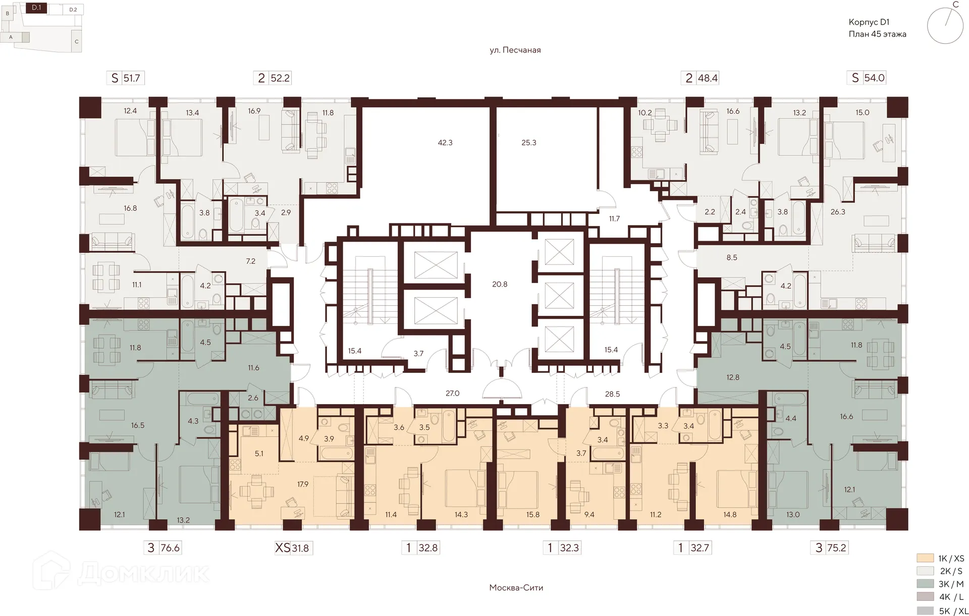 Планировка 1-комнатной квартиры 32.8 м² в ЖК Инди Тауэрз, г. Москва — фото 2