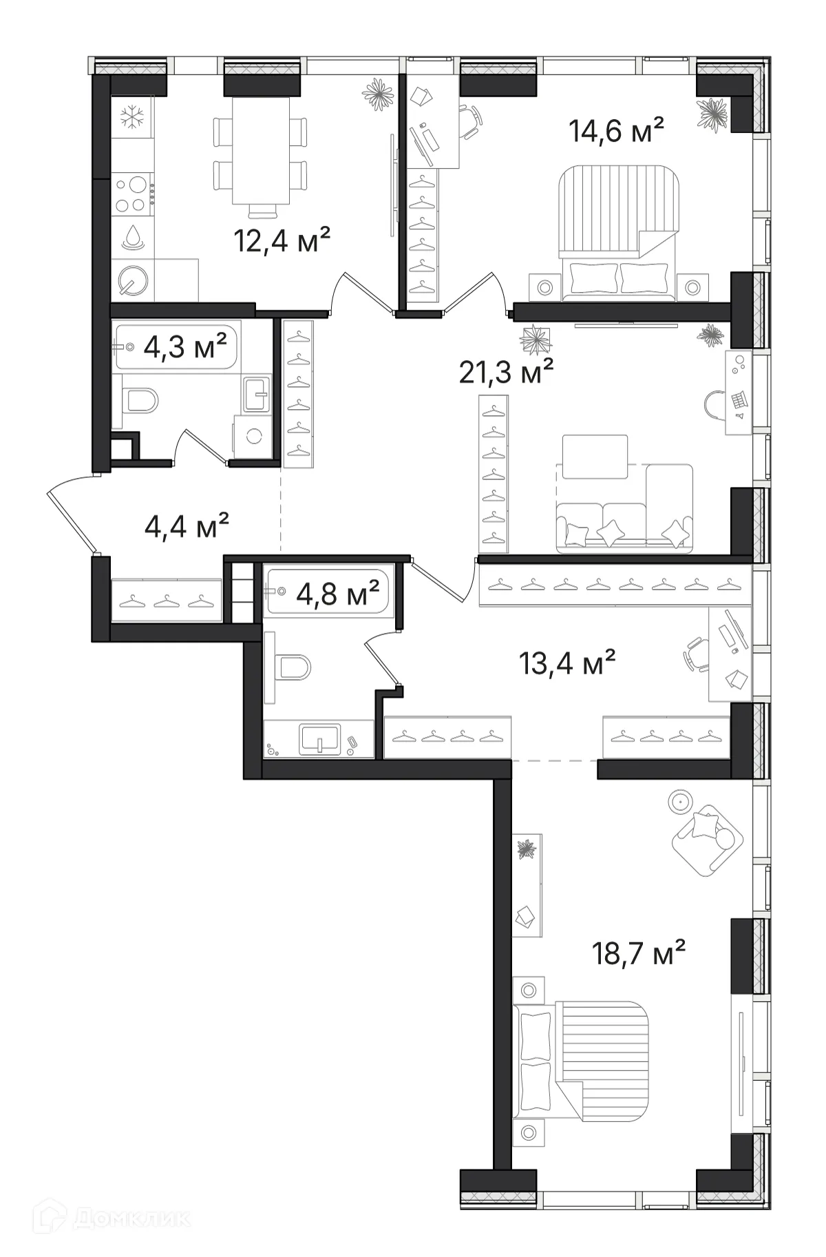 Планировка 3-комнатной квартиры 93.9 м² в ЖК «1-й Нагатинский», г. Москва — фото 1