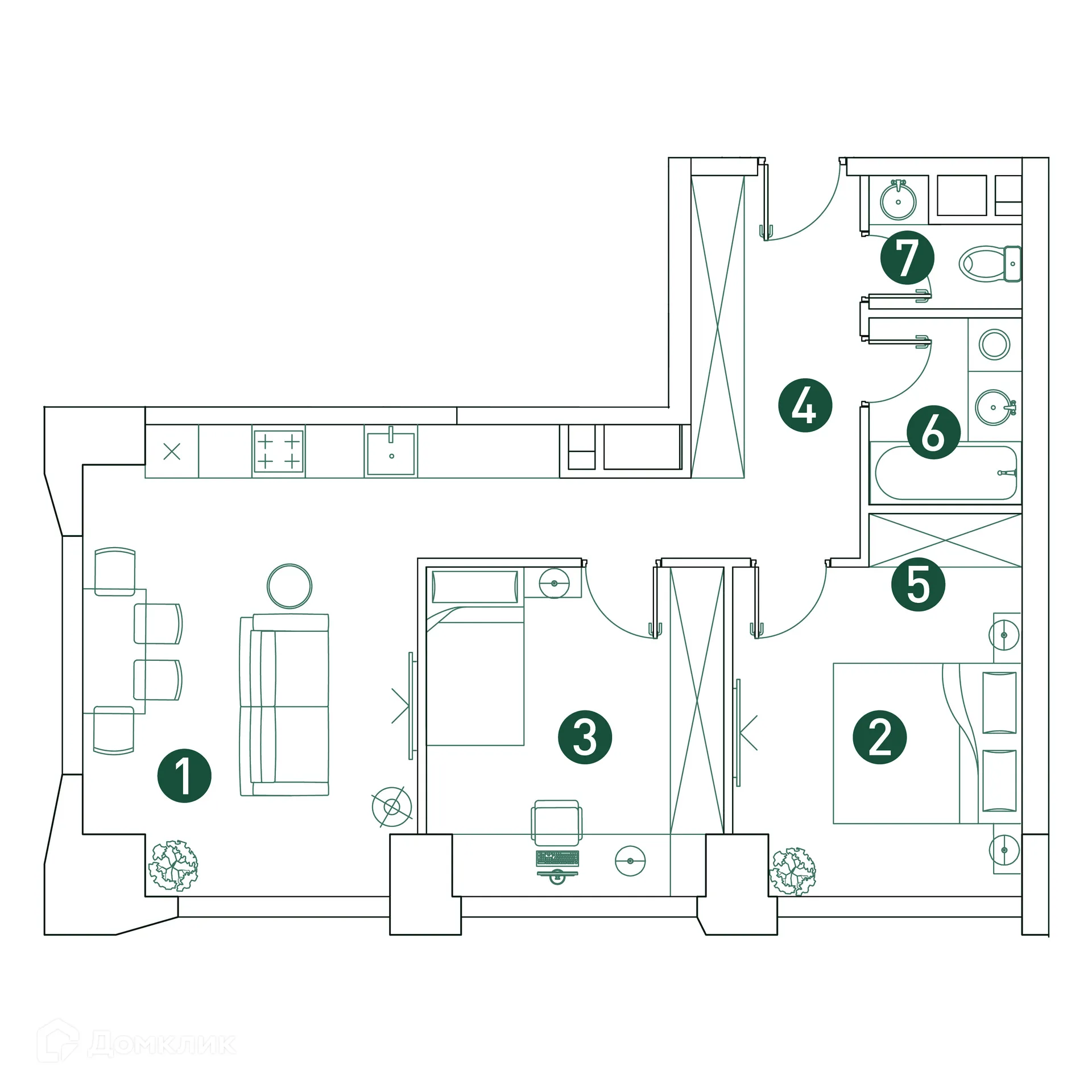 Планировка 3-комнатной квартиры 61.4 м² в ЖК "VERY (Вери)", г. Москва — фото 2
