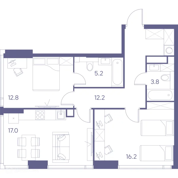 Планировка 2 комн. в Зе Лот от Аквилон