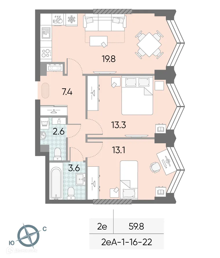 Планировка 2-комнатной квартиры 59.8 м² в ЖК "Зиларт", г. Москва — фото 2