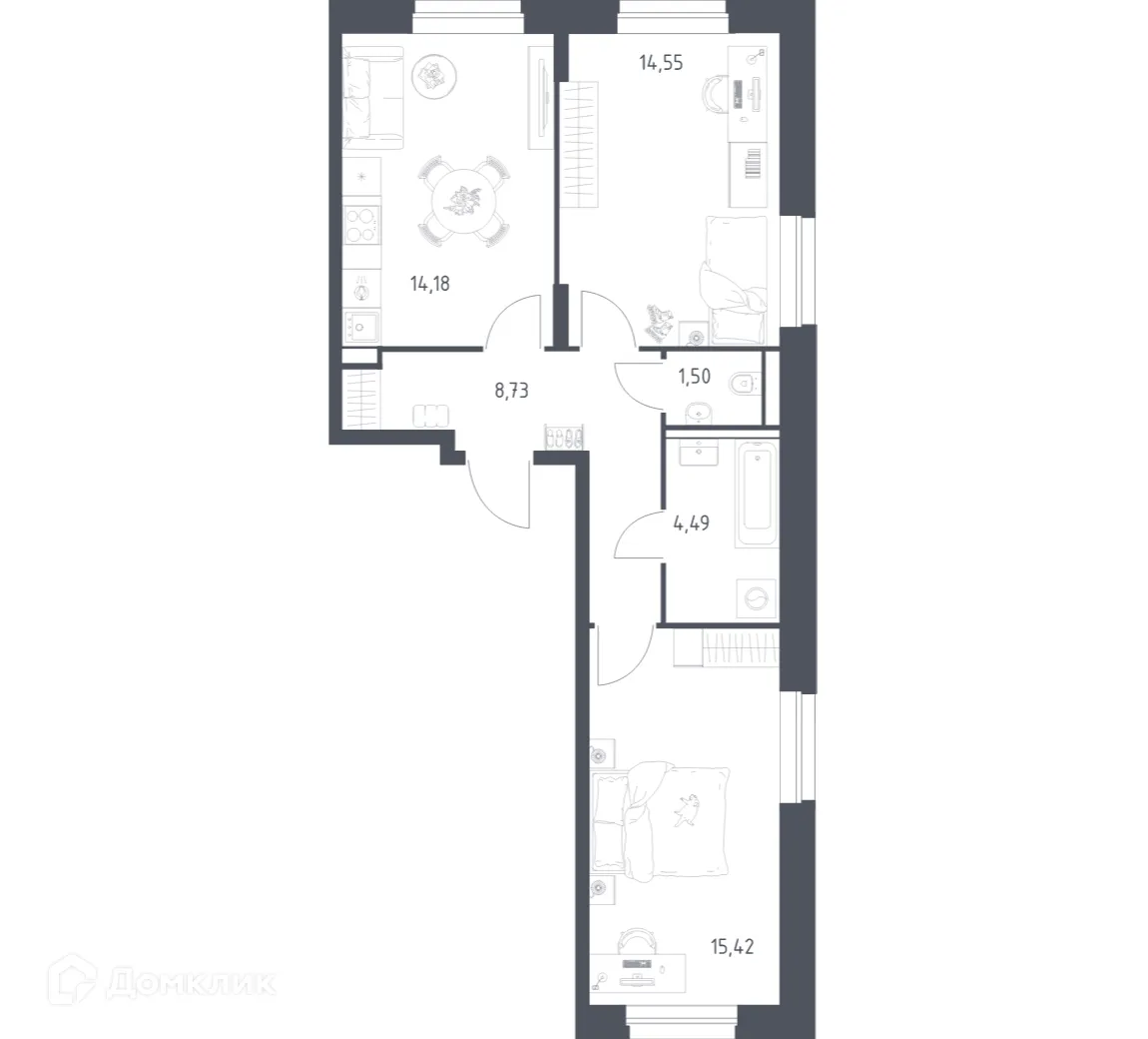 Планировка 2-комнатной квартиры 58.87 м² в ЖК Квартал Строгино, г. Москва — фото 1