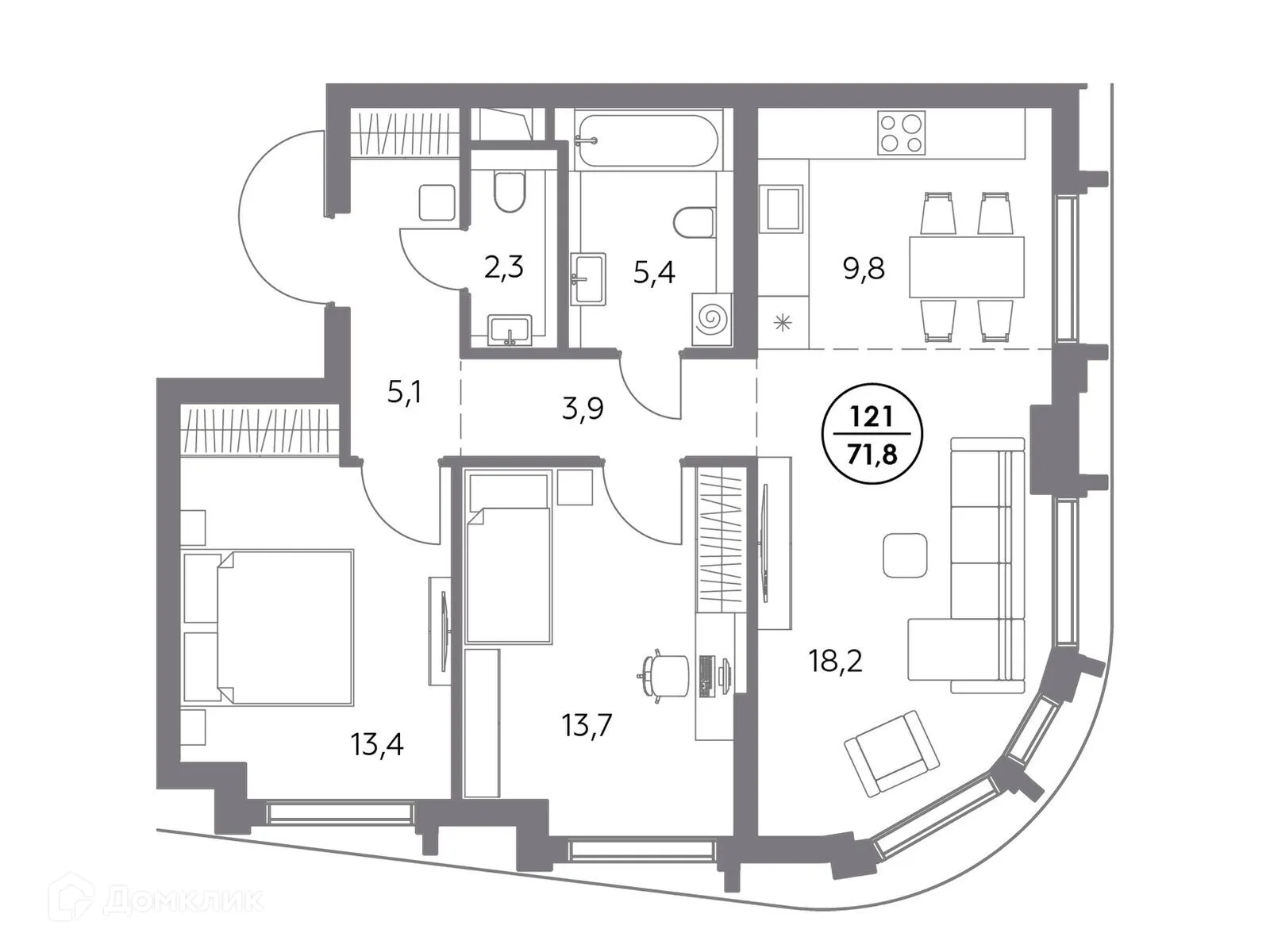 Планировка 2-комнатной квартиры 71.8 м² в ЖК "Дом 56", г. Москва — фото 3