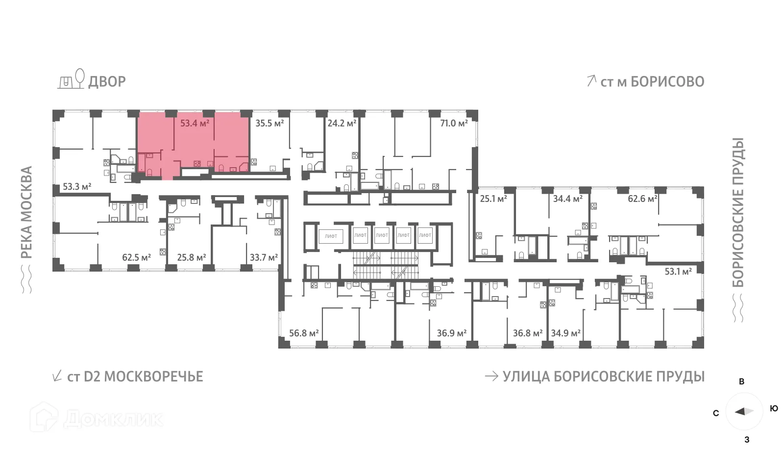 Планировка 2-комнатной квартиры 53.4 м² в ЖК "WAVE" (Вейв), г. Москва — фото 3