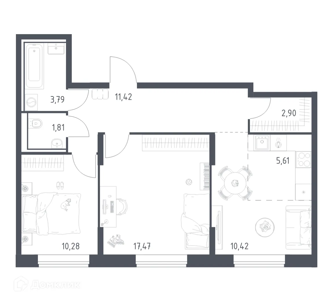 Планировка 2-комнатной квартиры 63.7 м² в ЖК Квартал Домашний, г. Москва — фото 1