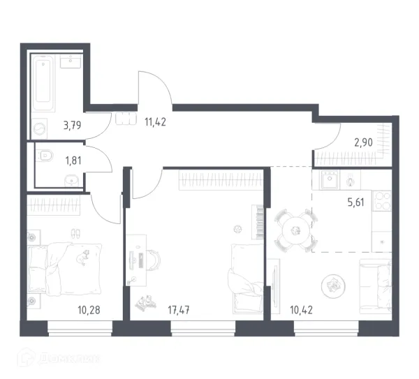 Планировка 2 комн. в ЖК Квартал Домашний