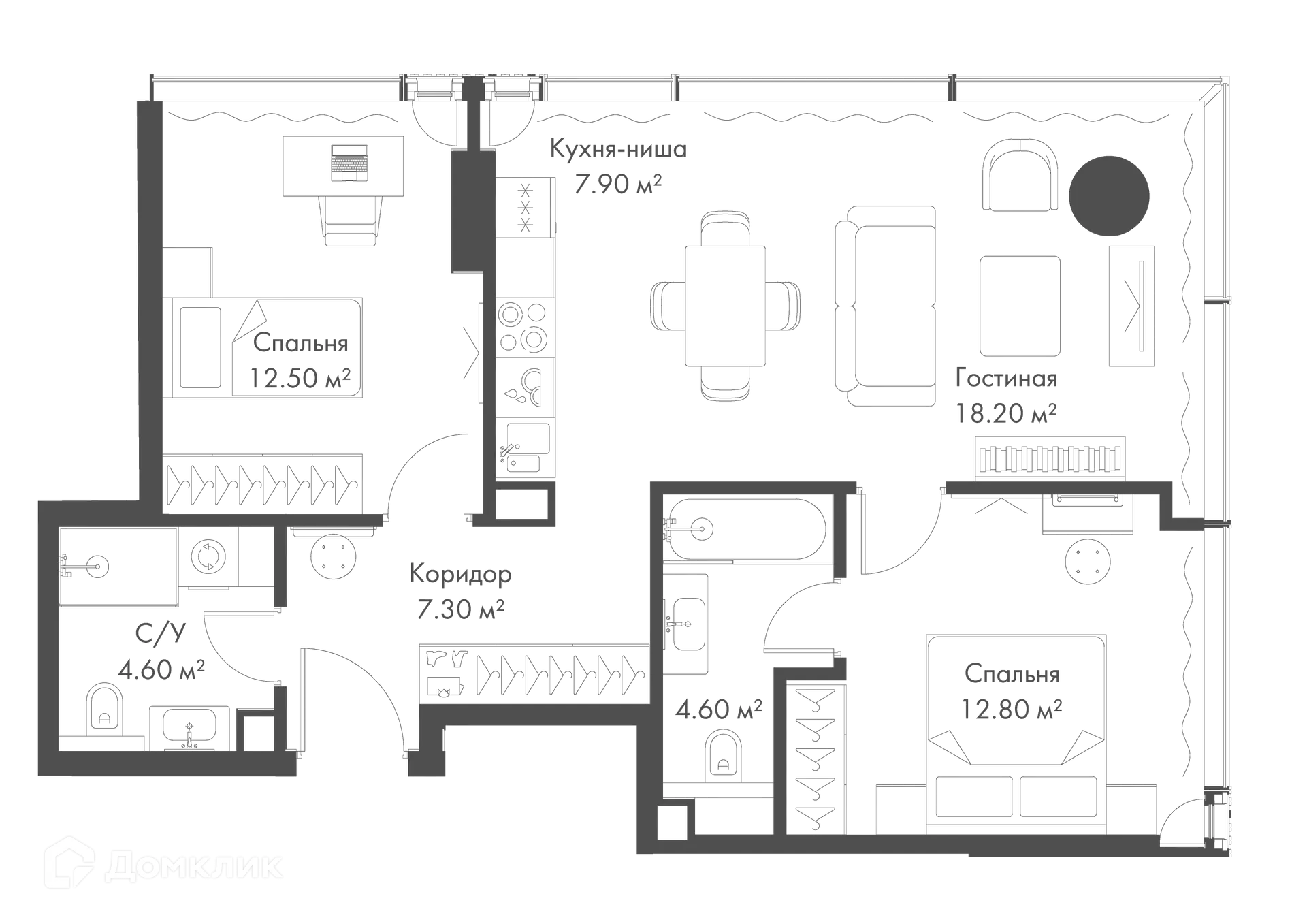 Планировка 2-комнатной квартиры 67.9 м² в ЖК Жилой комплекс премиум-класса SLAVA (СЛАВА), г. Москва — фото 1