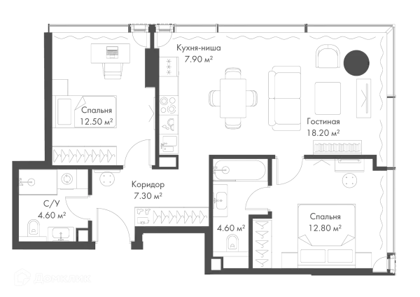 Планировка 2 комн. в ЖК Жилой комплекс премиум-класса SLAVA (СЛАВА)
