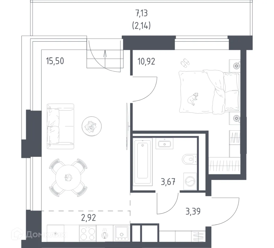 Планировка 1-комнатной квартиры 38.54 м² в ЖК Верейская 41, г. Москва — фото 1
