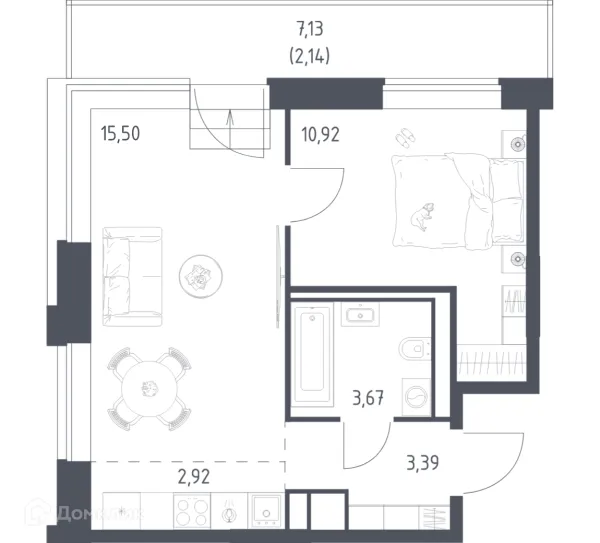 Планировка 1 комн. в ЖК Верейская 41