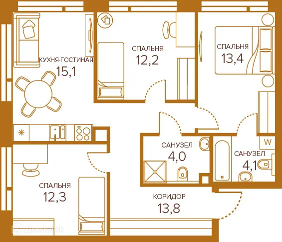 Планировка 3-комнатной квартиры 74.9 м² в ЖК Champine (Шампайн), г. Москва — фото 25