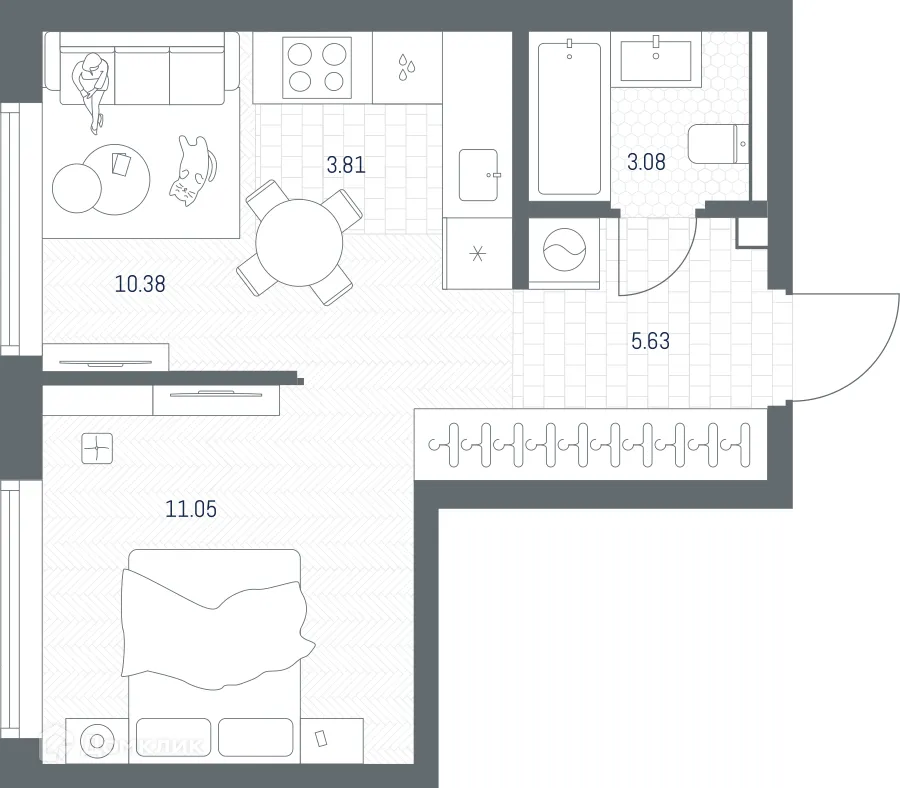 Планировка 1-комнатной квартиры 33.95 м² в ЖК TATE (Тейт), г. Москва — фото 2