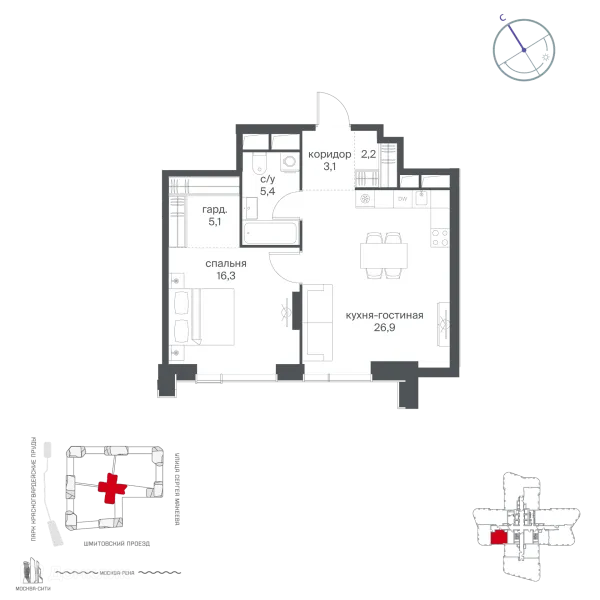 Планировка 1 комн. в Начало