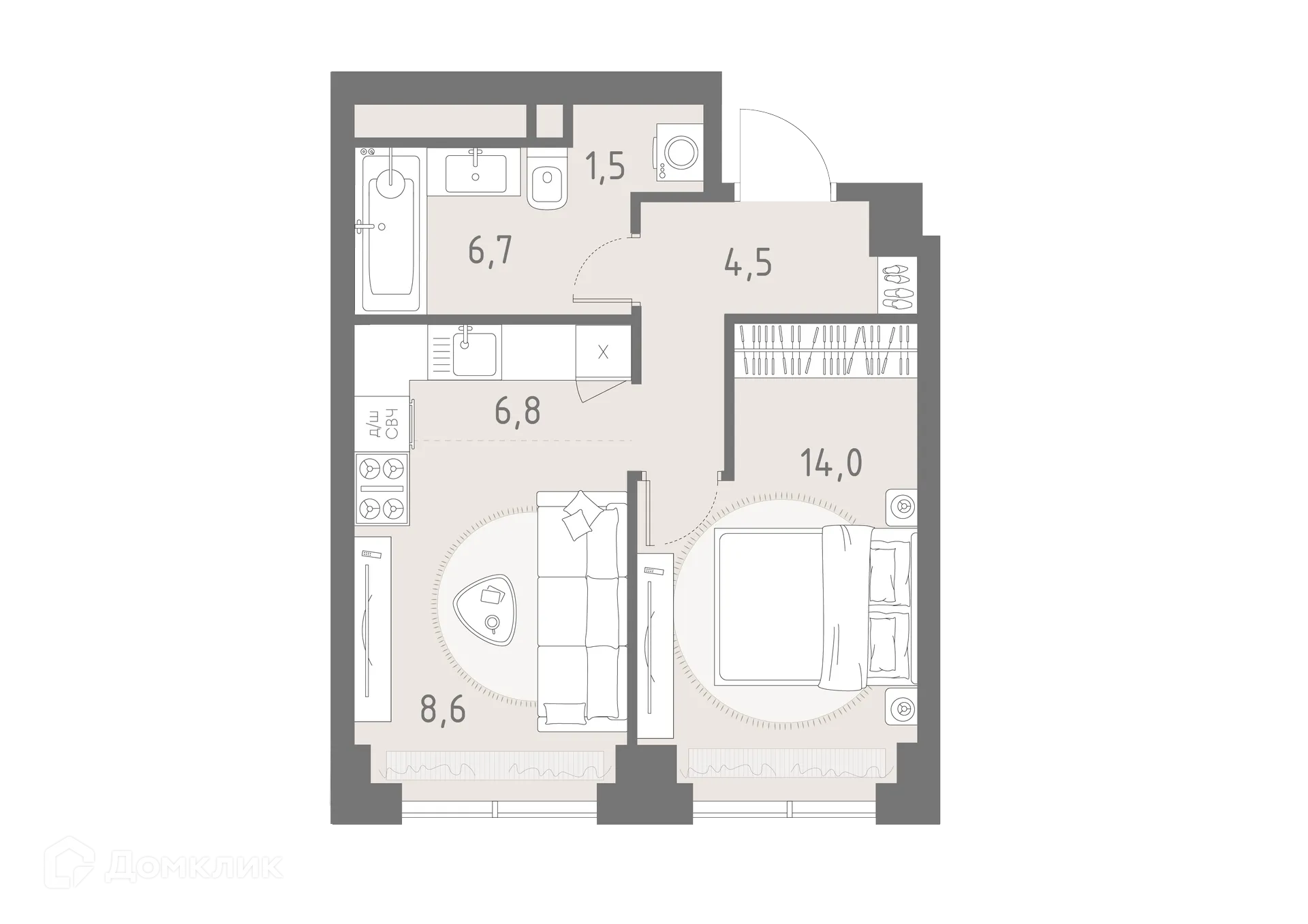 Планировка 2-комнатной квартиры 42.1 м² в ЖК РОДИНА ПАРК, г. Москва — фото 2