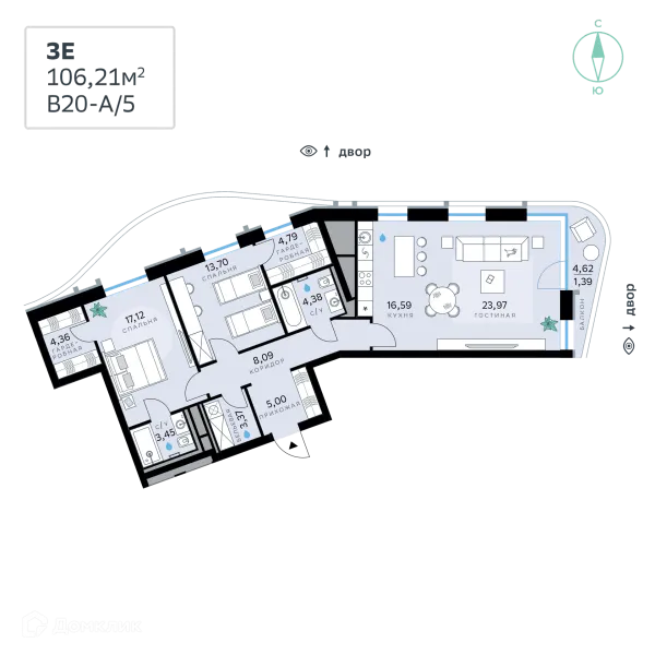 Планировка 3 комн. в СберСити - квартал В20