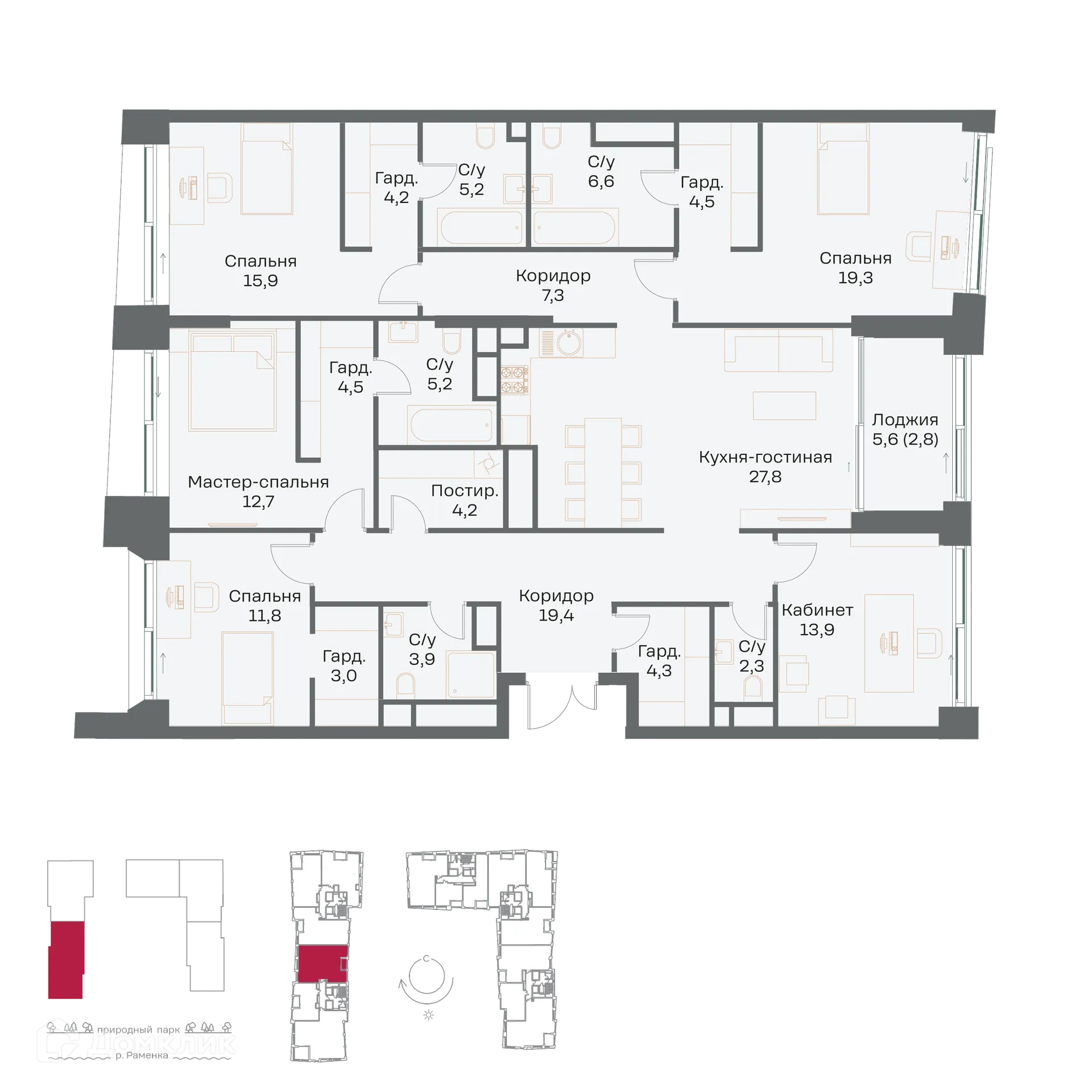 Планировка 5-комнатной квартиры 178.9 м² в ЖК "РЕКА", г. Москва — фото 1