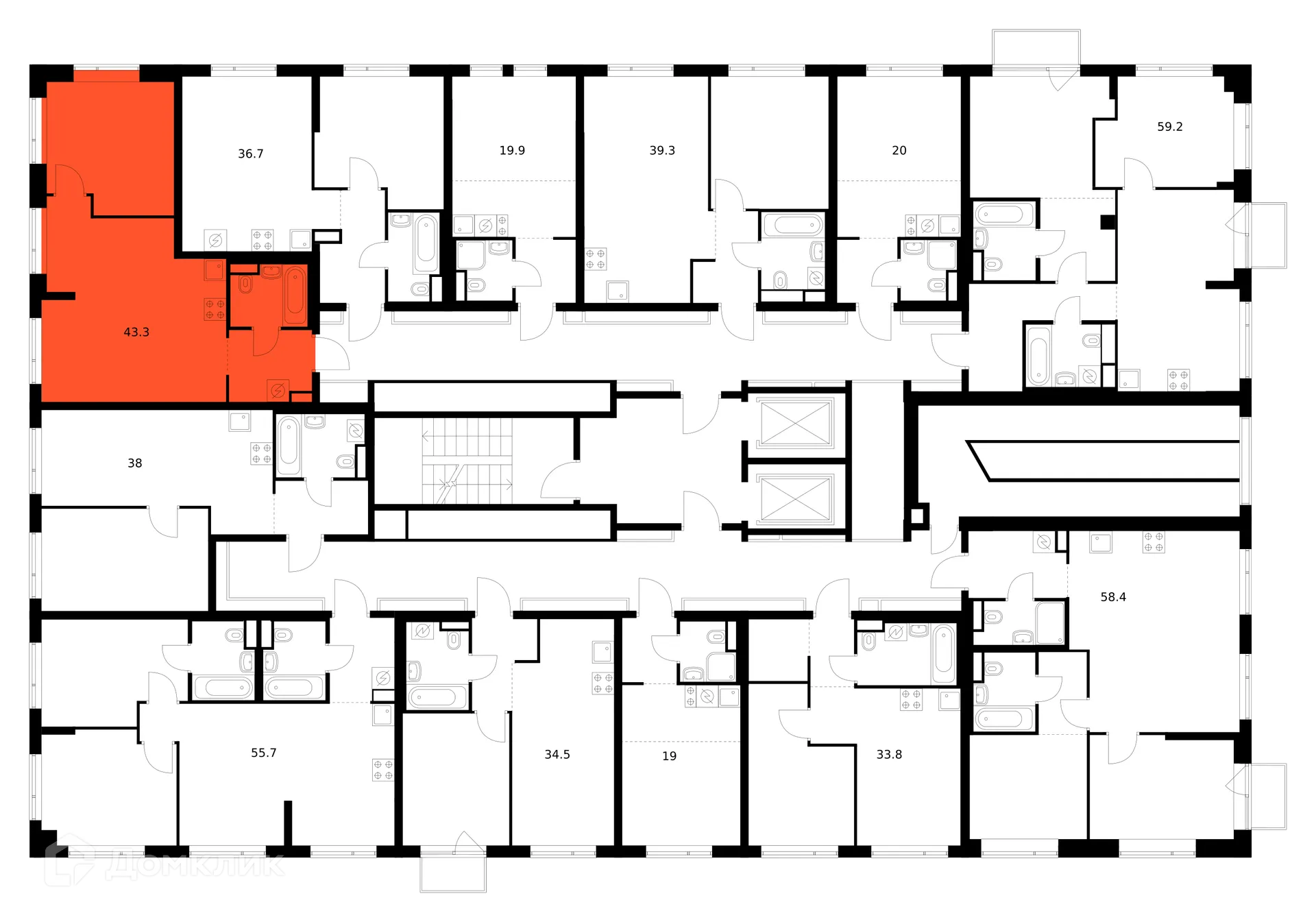 Планировка 1-комнатной квартиры 43.3 м² в «Бунинская набережная», г. Москва — фото 2