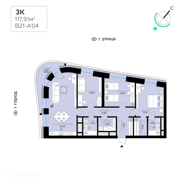 Планировка 3 комн. в СберСити - квартал В21