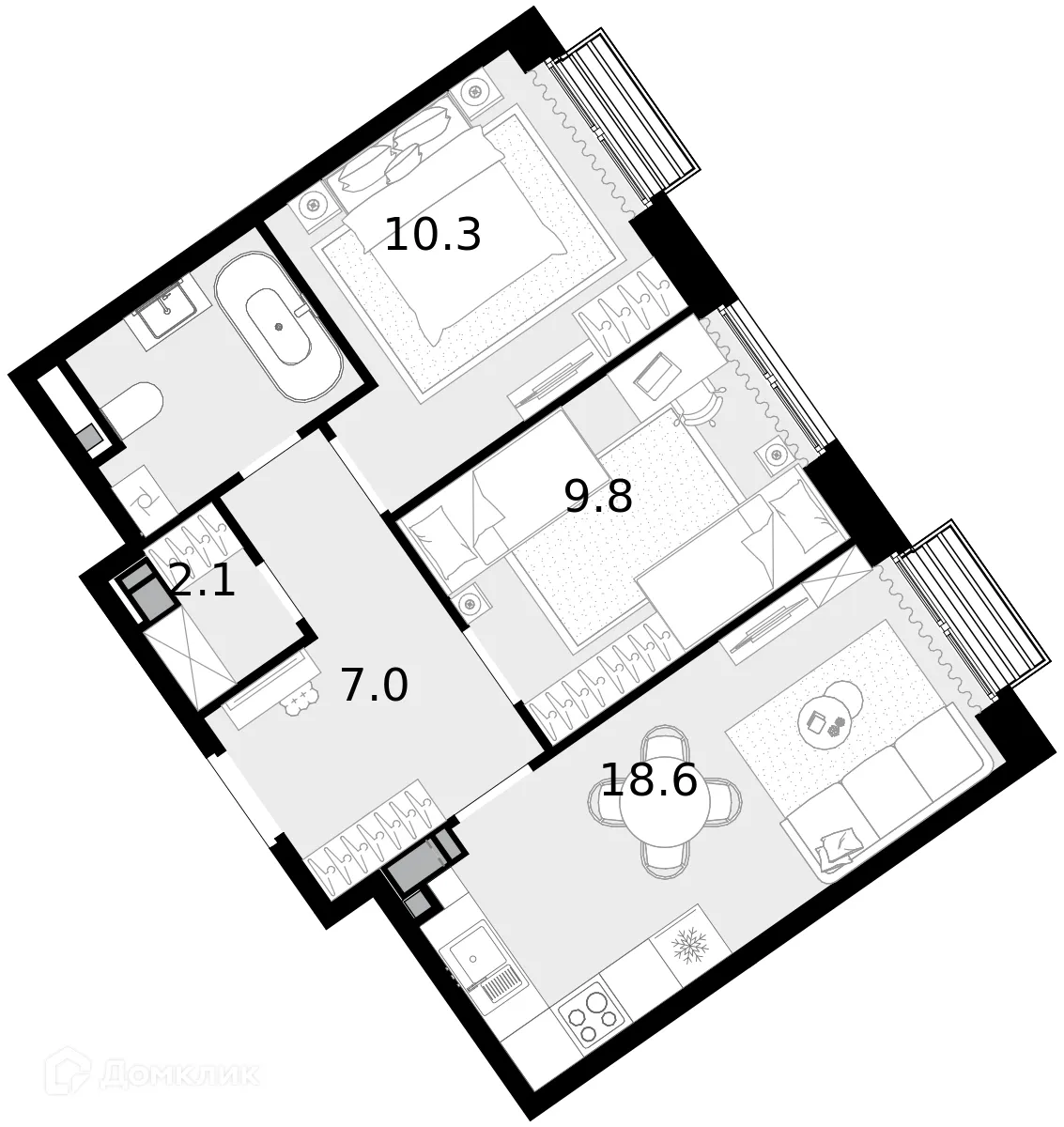 Планировка 2-комнатной квартиры 50.1 м² в ЖК "Новая Звезда-2", г. Москва — фото 1