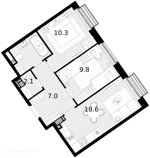 Планировка 2 комн. в ЖК "Новая Звезда-2"