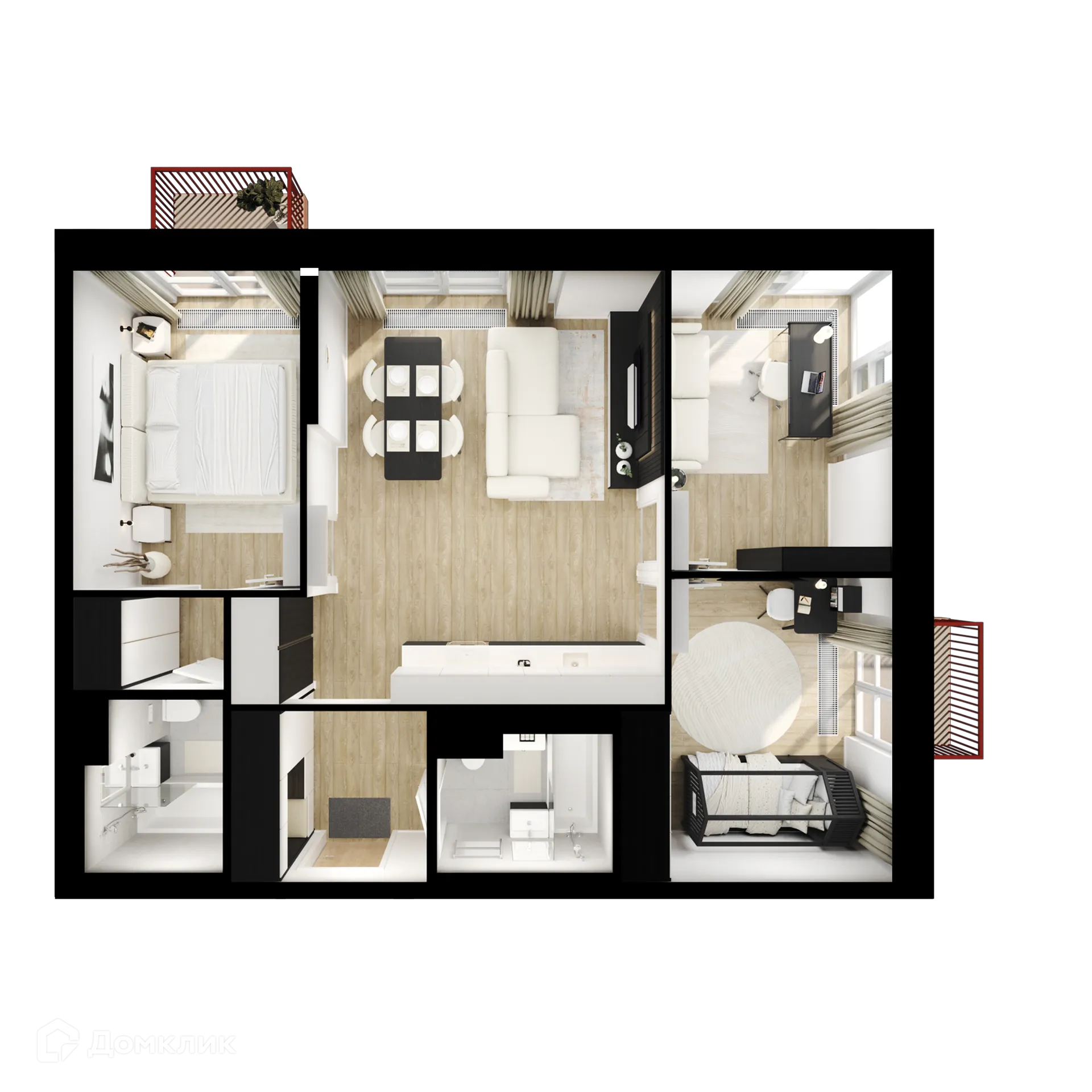 Планировка 3-комнатной квартиры 75 м² в ЖК Москворечье, г. Москва — фото 2