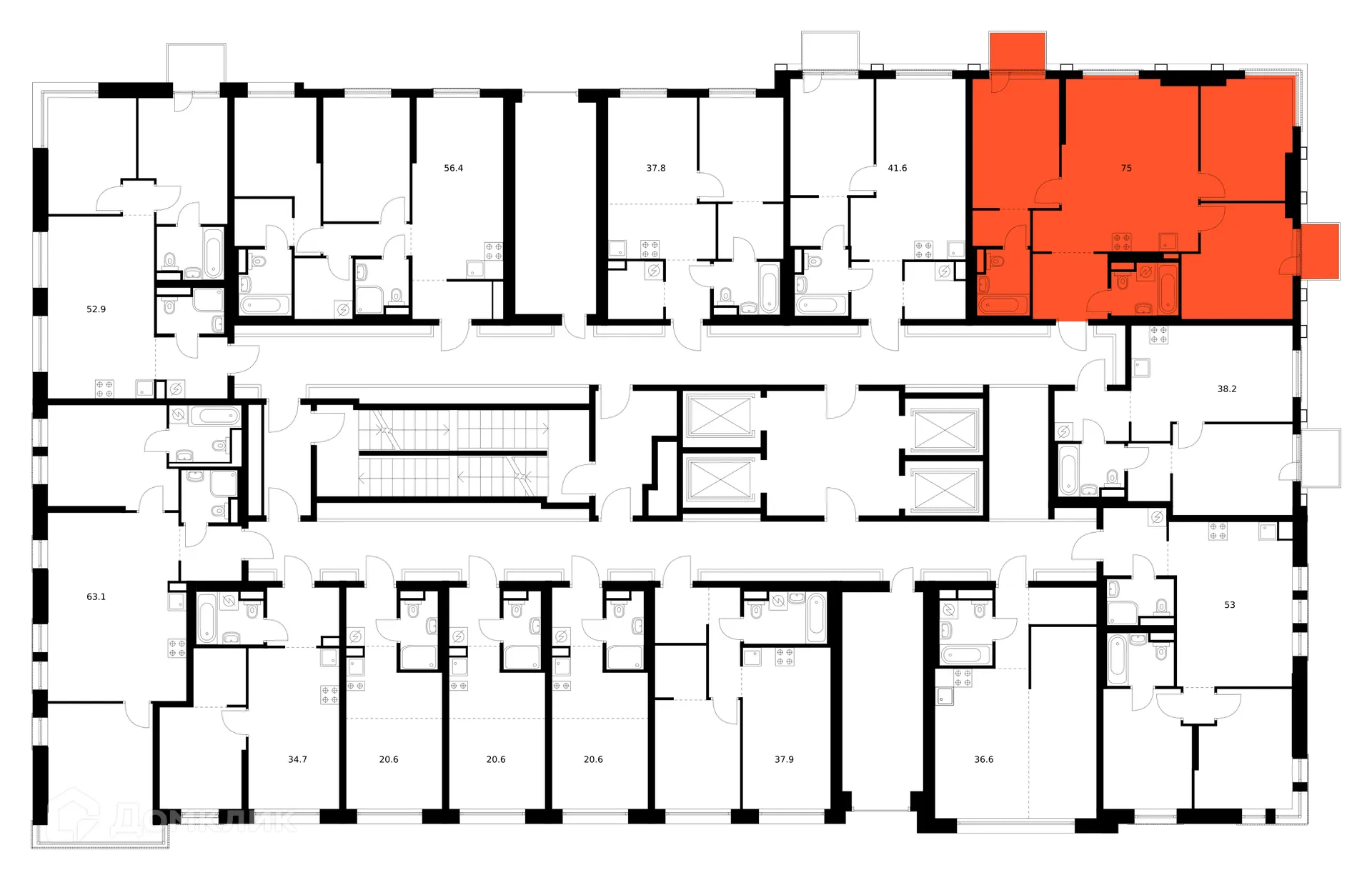 Планировка 3-комнатной квартиры 75 м² в ЖК Москворечье, г. Москва — фото 3