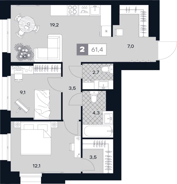 Планировка 2 комн. в ЮТУ