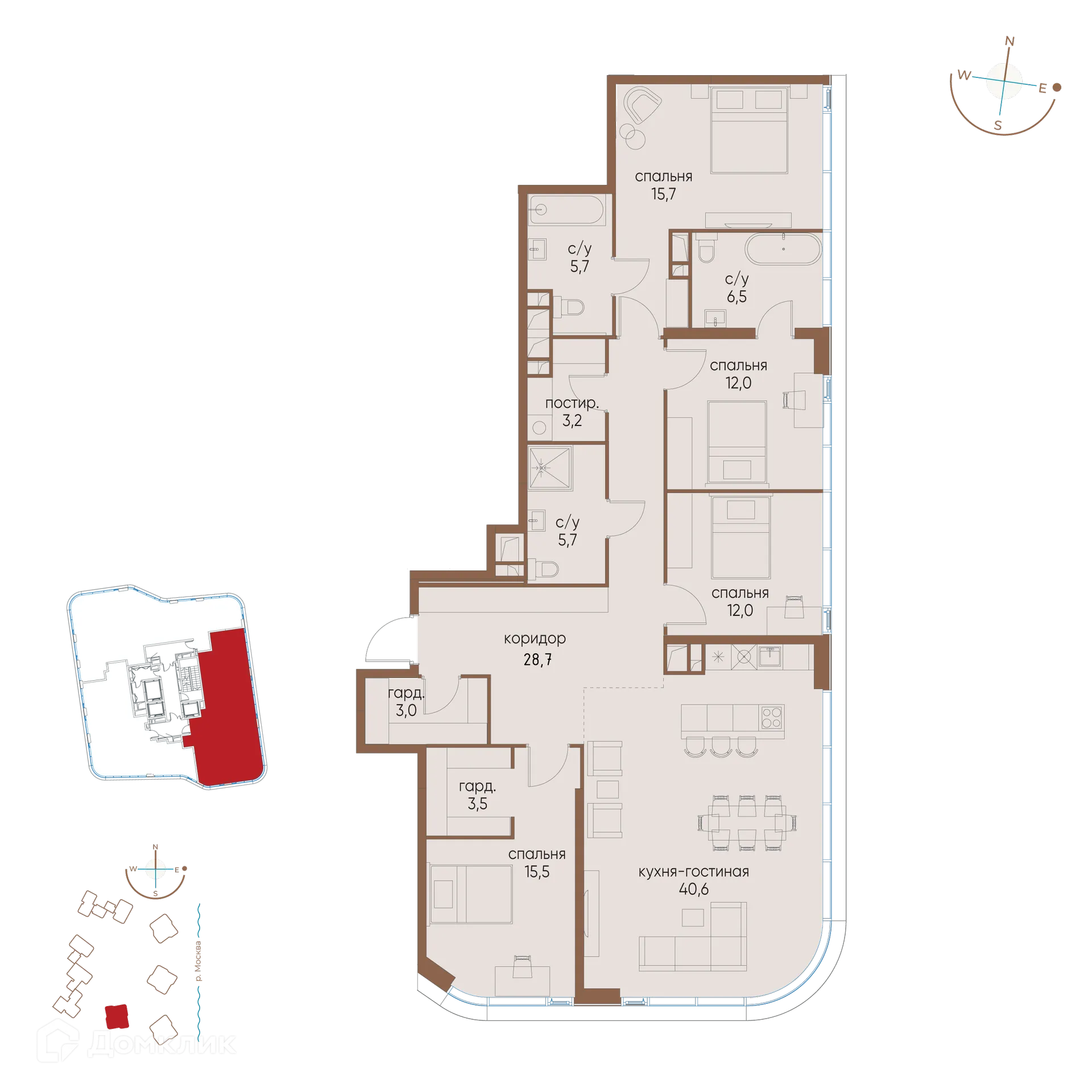 Планировка 4-комнатной квартиры 152.1 м² в ЖК "Остров", г. Москва — фото 1
