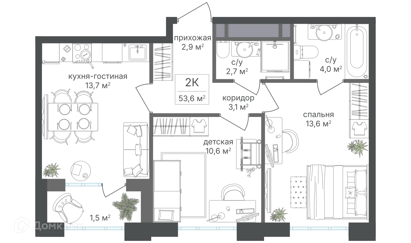 Планировка 2-комнатной квартиры 52.3 м² в ЖК Михалковский, г. Москва — фото 1