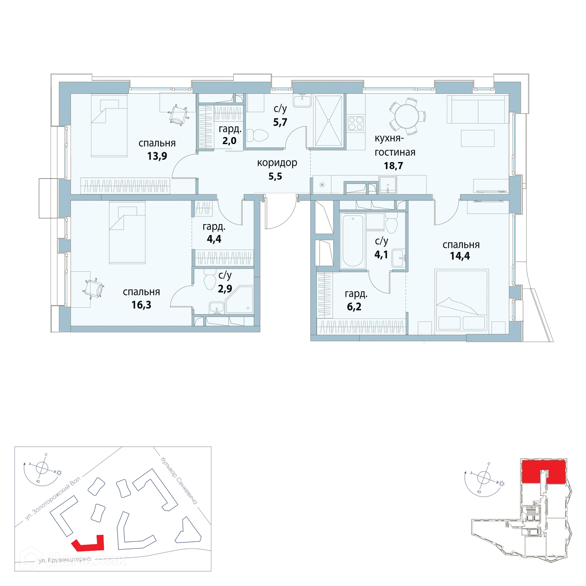 Планировка 3-комнатной квартиры 94.1 м² в ЖК "Символ", г. Москва — фото 1