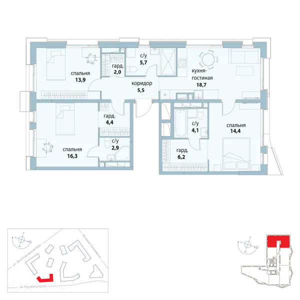 Планировка 3 комн. в ЖК "Символ"