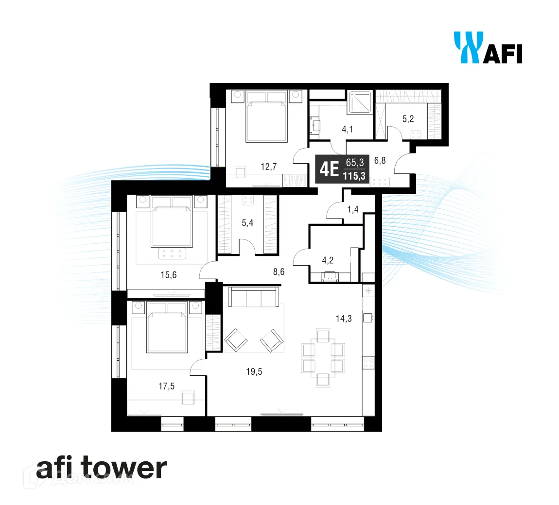 Планировка 4-комнатной квартиры 115.3 м² в ЖК "Afi Tower (Афи Тауэр)", г. Москва — фото 1