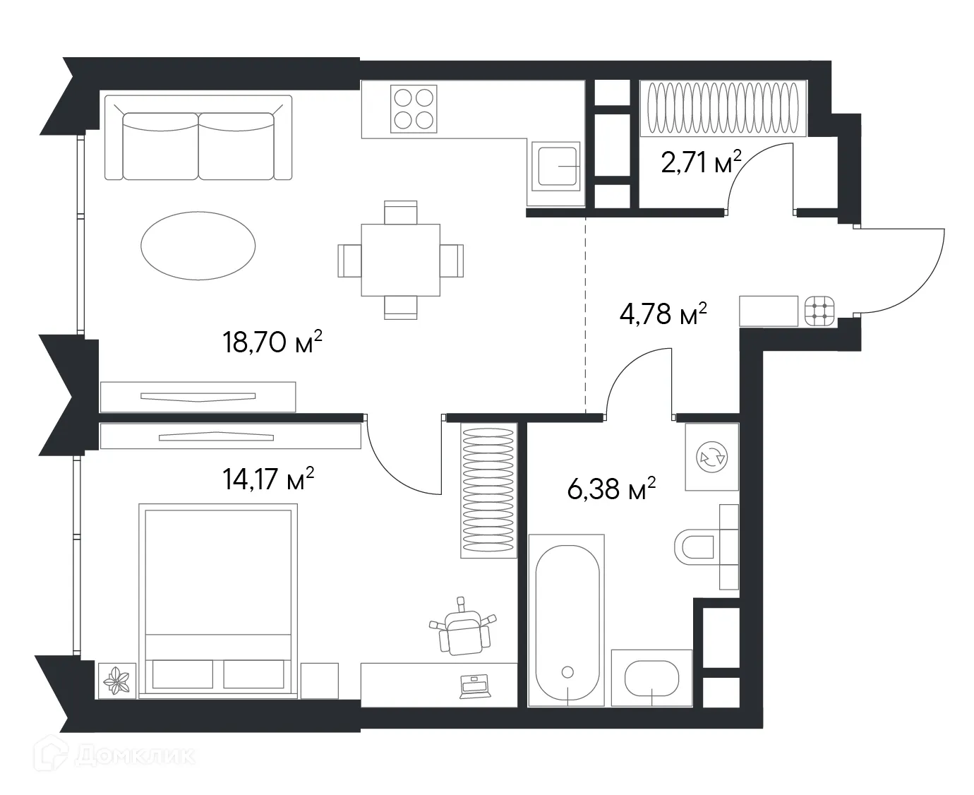 Планировка 1-комнатной квартиры 46.74 м² в ЖК «1-й Нагатинский», г. Москва — фото 1