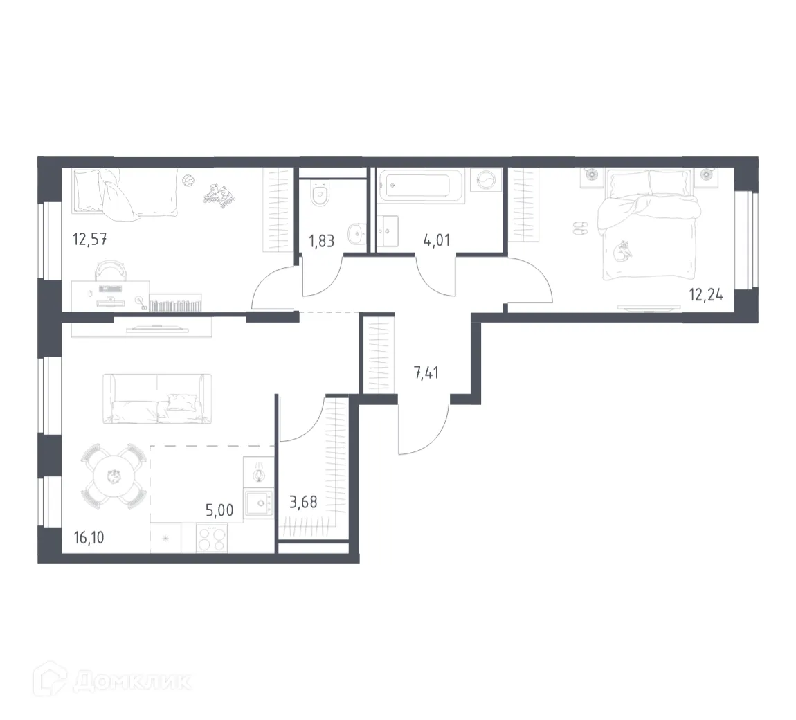 Планировка 2-комнатной квартиры 62.84 м² в ЖК Квартал Домашний, г. Москва — фото 1