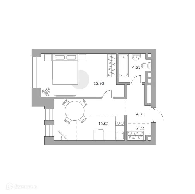 Планировка 1-комнатной квартиры 42.69 м² в ЖК MYPRIORITY Paveletskaya (МАЙПРИОРИТИ Павелецкая), г. Москва — фото 1