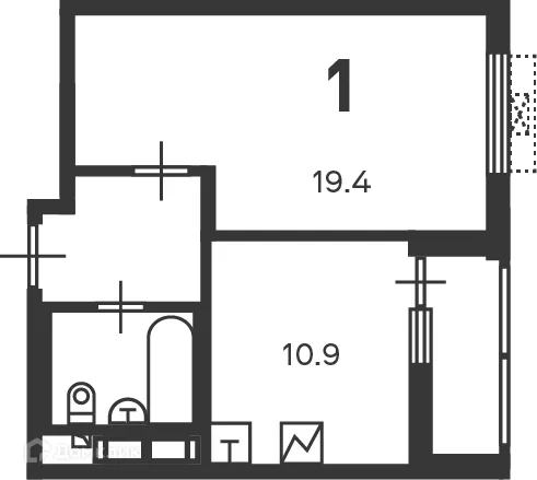 Планировка 1-комнатной квартиры 38.6 м² в Кусковская ул., д. 12/1 (Московские кварталы), г. Москва — фото 1