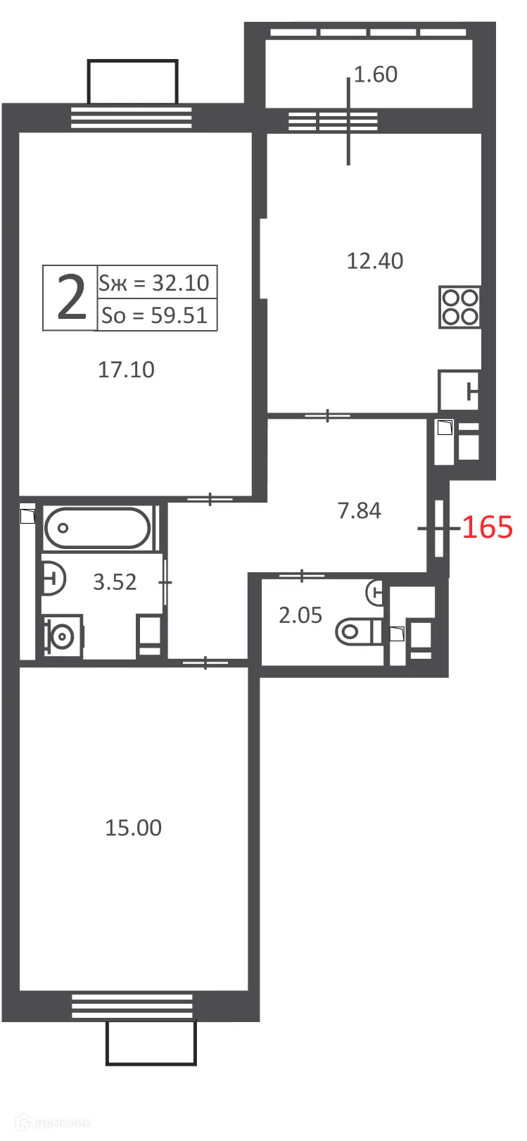 Планировка 2-комнатной квартиры 59.51 м² в 3-я Прядильная, з/у 4  (Московские кварталы), г. Москва — фото 1