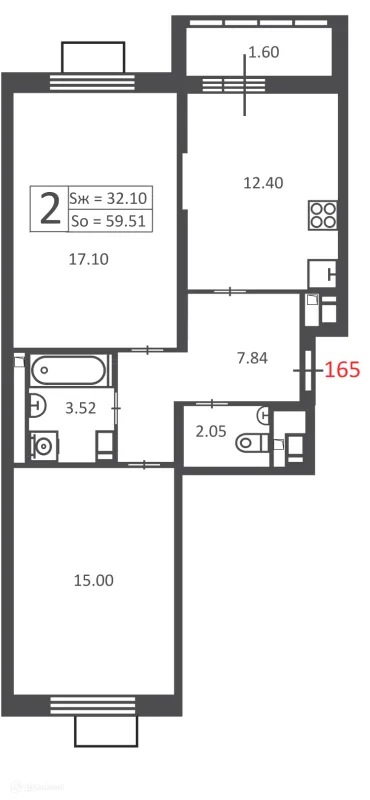 Планировка 2 комн. в 3-я Прядильная, з/у 4  (Московские кварталы)