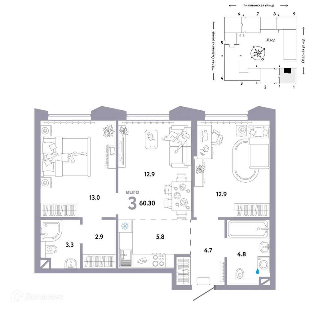 Планировка 3-комнатной квартиры 60.3 м² в ЖК Страна.Озерная, г. Москва — фото 1