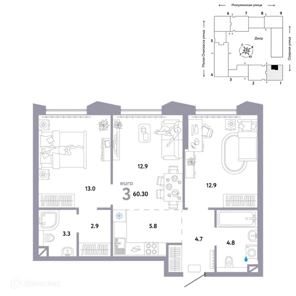 Планировка 3 комн. в ЖК Страна.Озерная