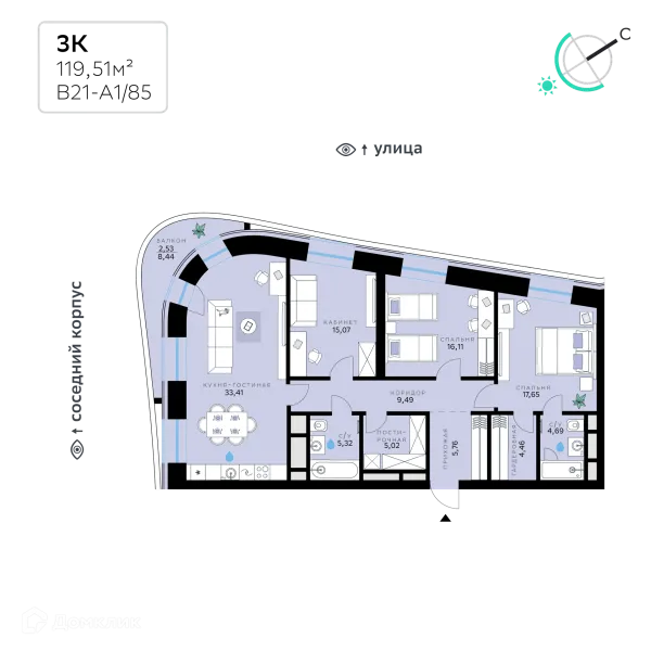 Планировка 3 комн. в СберСити - квартал В21