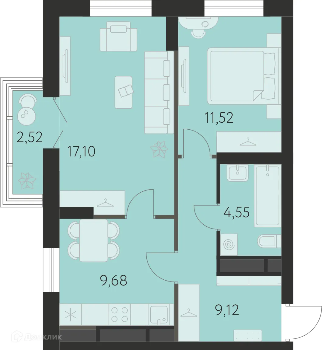 Планировка 2-комнатной квартиры 52.73 м² в ЖК Спутник-1, г. Екатеринбург — фото 1