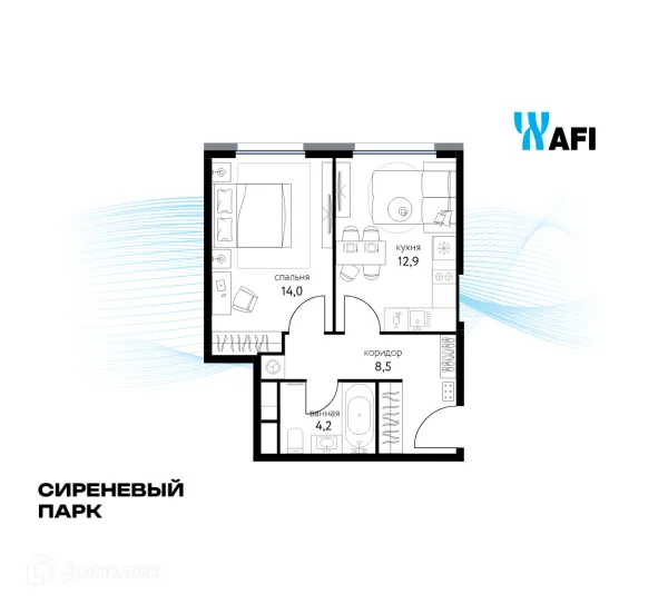 Планировка 1 комн. в ЖК "Сиреневый парк"