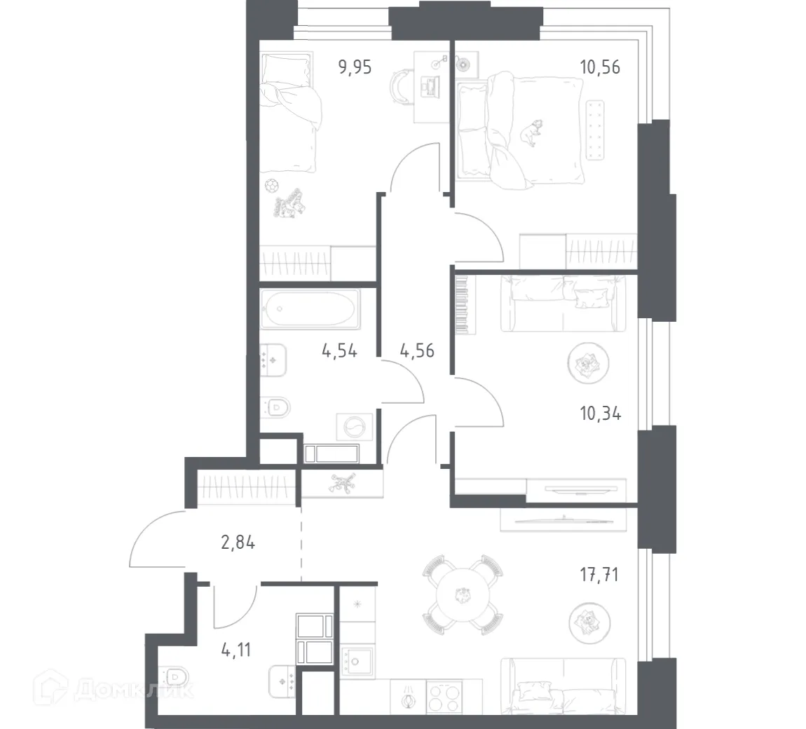 Планировка 3-комнатной квартиры 64.61 м² в МФК Тропарево Парк, г. Москва — фото 1