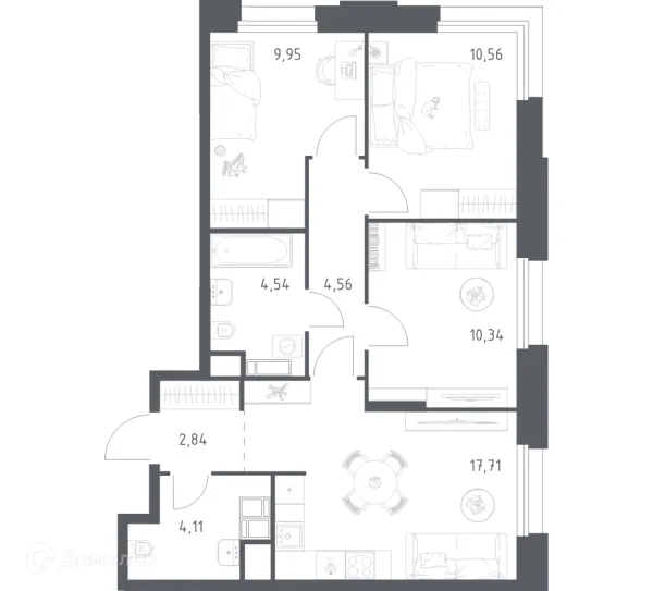 Планировка 3 комн. в МФК Тропарево Парк